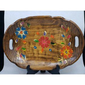 Vintage Wooden Hand Painted Floral Handled Serving Tray Bowl - Mexico